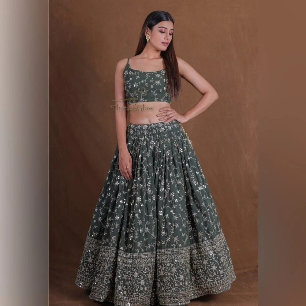 Embroidered Dark Green Women’s Lehenga Set - Picture 2 of 7